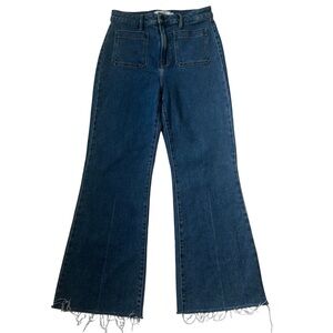 Blue Flare Wide Leg Jeans with Frayed Hem Front Pocket Ankle Jeans